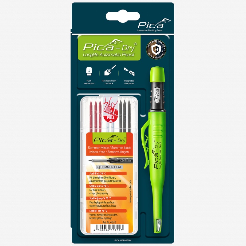 Pica DRY Automatic Pencil + Pica DRY Refill Set, SUMMERHEAT (3 Graphite 2B, 3 Red & 2 White Leads)