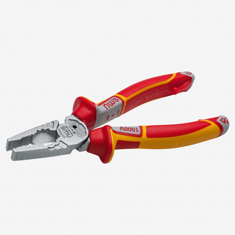 NWS 7" High Leverage Combination Pliers CombiMax+ VDE  - Matte Chromium - SoftGripp, Tethered Attachment