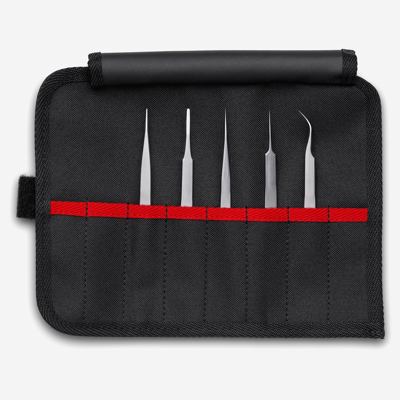 Knipex SMD Stainless Steel Positioning Tweezer Set in Tool Roll, 5 Pieces