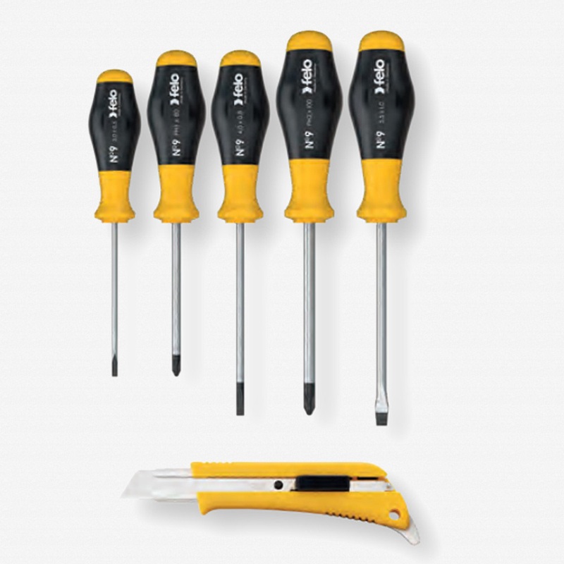 Felo No. 9 Slotted/Phillips/Square Screwdriver Set with OLFA Cutter, 6 Pieces