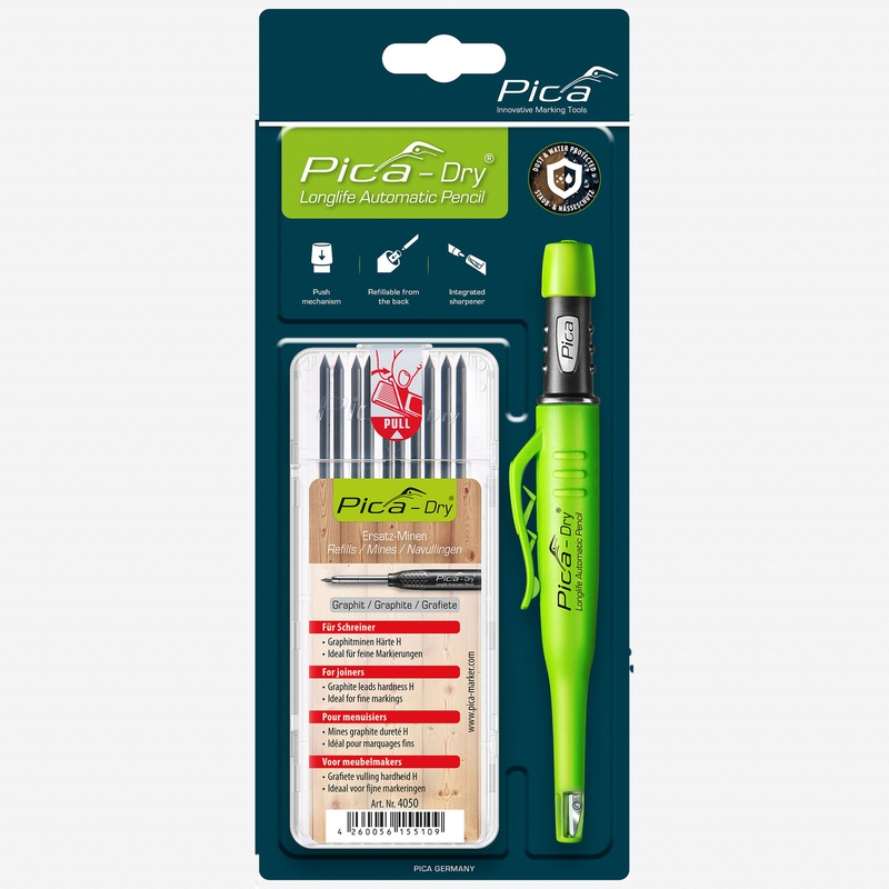 Pica DRY Automatic Pencil + Pica DRY Refill Set for Joiners, Graphite H (10 Leads)