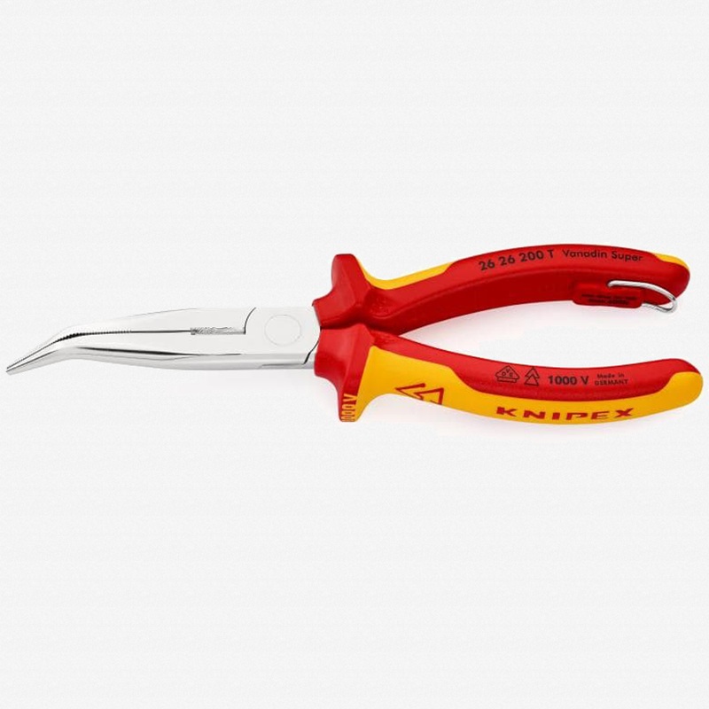 Knipex Insulated VDE Bent Nose Side Cutting Pliers (Stork Beak Pliers) with Chrome Finish - Tethered Attachment