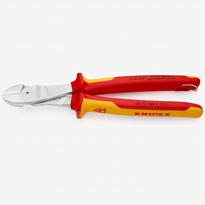 Knipex Insulated VDE High Leverage Diagonal Cutters with Chrome Finish, 10" - Tethered Attachment