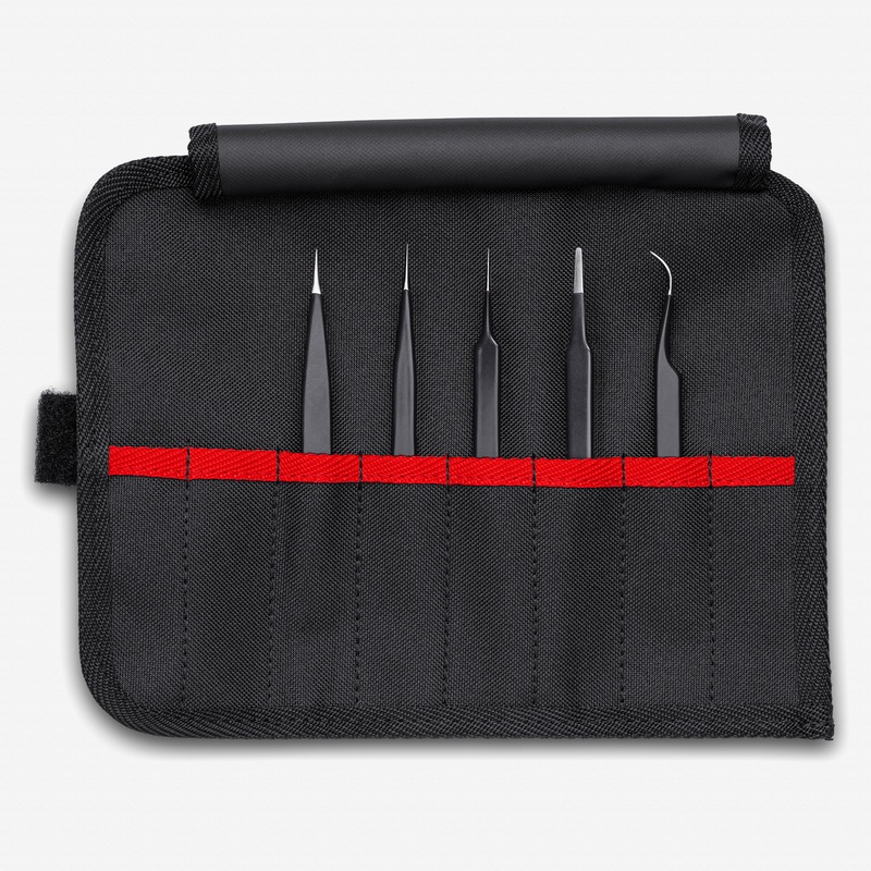 Knipex ESD Stainless Steel Tweezer Set in Tool Roll, 5 Pieces
