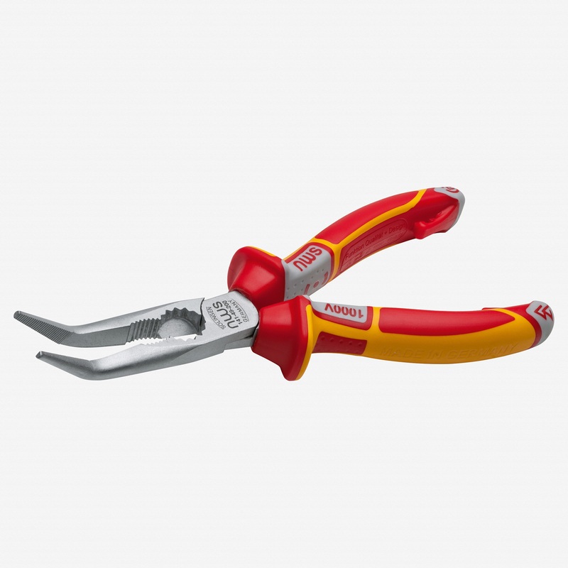 NWS 6.75" Chain Nose Pliers (Radio Pliers), angled 45 deg VDE - Matte Chromium - SoftGripp, Tethered Attachment