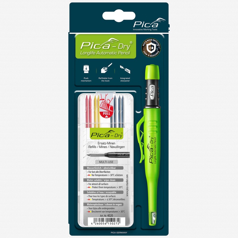 Pica DRY Automatic Pencil + Pica DRY Refill Set, Basic (4 Graphite 2B, 2 Red & 2 Yellow Leads)