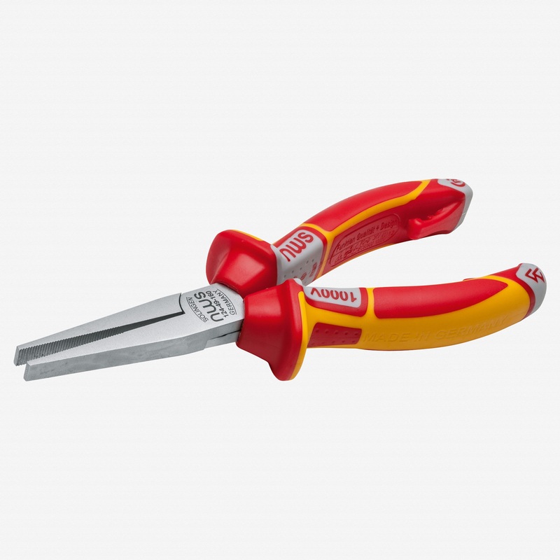 NWS 6.25" Long Flat Nose Pliers VDE - Matte Chromium - SoftGripp, Tethered Attachment