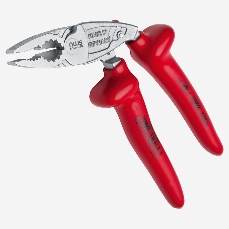 NWS 8" Ergonomic High Leverage Combination Pliers ErgoCombi 1000V - Matte Chromium - Plastic Grip