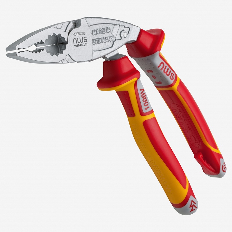 NWS 8" Ergonomic High Leverage Combination Pliers ErgoCombi VDE - Matte Chromium - SoftGripp, Tethered Attachment