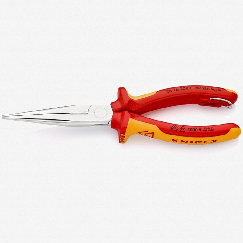 Knipex Insulated VDE Snipe Nose Side Cutting Pliers (Stork Beak Pliers) with Chrome Finish - Tethered Attachment