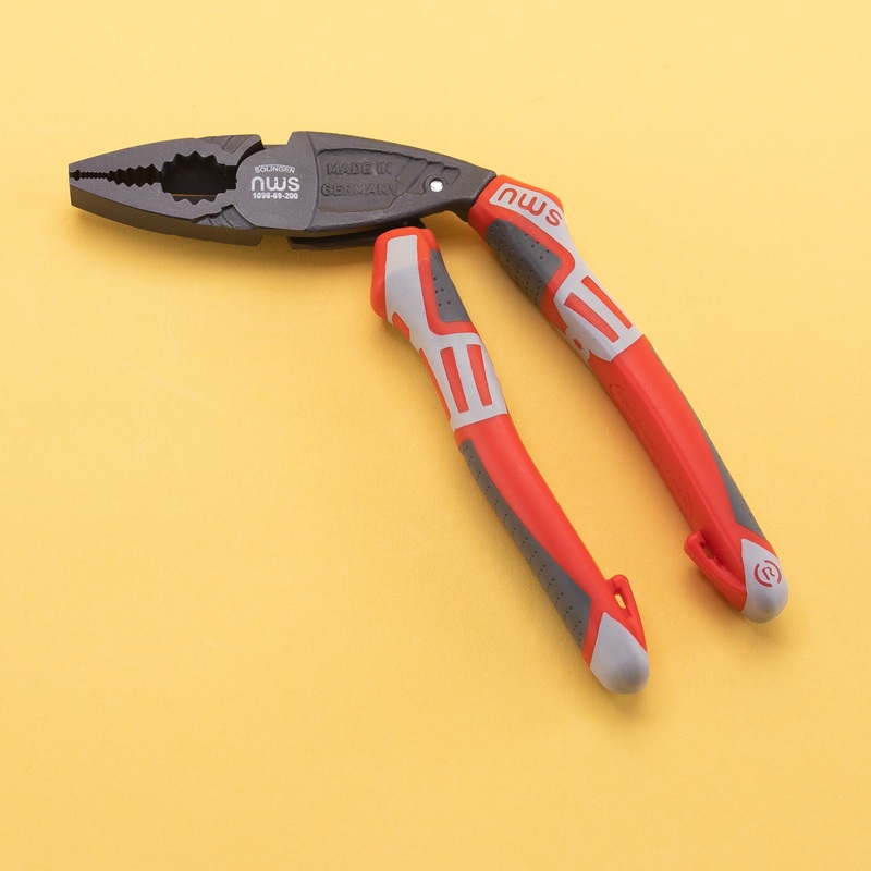 NWS 8" Ergonomic High Leverage Combination Pliers ErgoCombi - TitanFinish - SoftGripp, Tethered Attachment