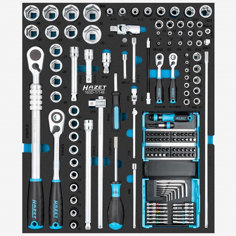 Hazet 163D-1/148 Ratchet and Socket Set in Foam Tray, 1/2" and 1/4" Drive, 148 Pieces
