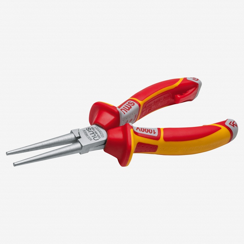 NWS 6.25" Long Round Nose Pliers VDE - Matte Chromium - SoftGripp, Tethered Attachment