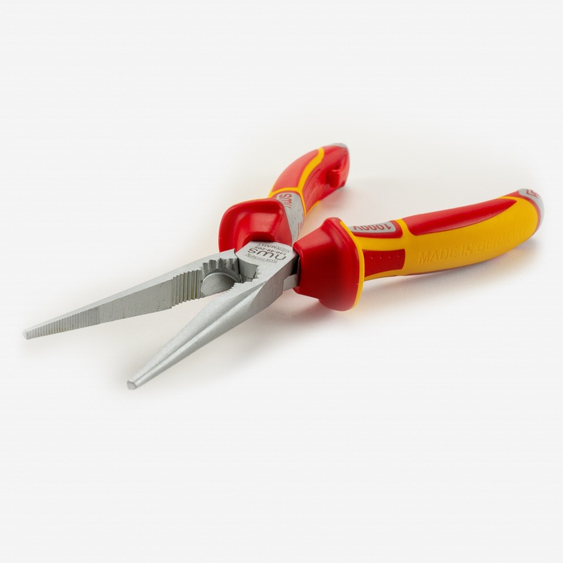 NWS 8" Chain Nose Pliers (Radio Pliers) VDE - Matte Chromium - SoftGripp, Tethered Attachment
