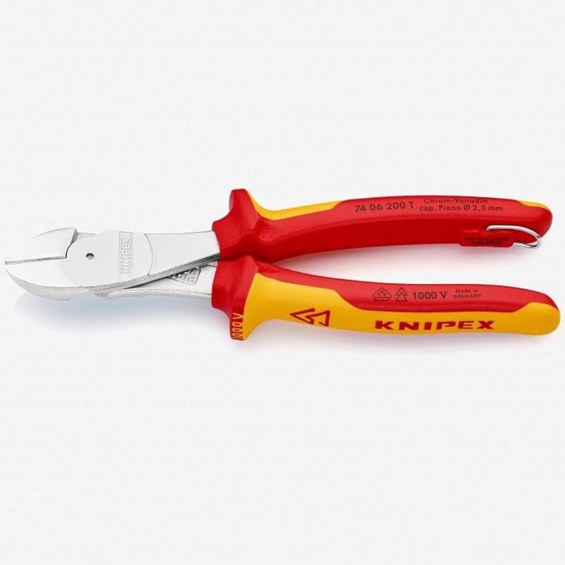 Knipex Insulated VDE High Leverage Diagonal Cutters with Chrome Finish, 8" - Tethered Attachment