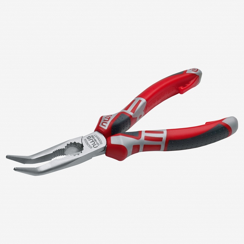 NWS 8" Chain Nose Pliers (Radio Pliers), angled 45 deg - Matte Chromium - SoftGripp, Tethered Attachment