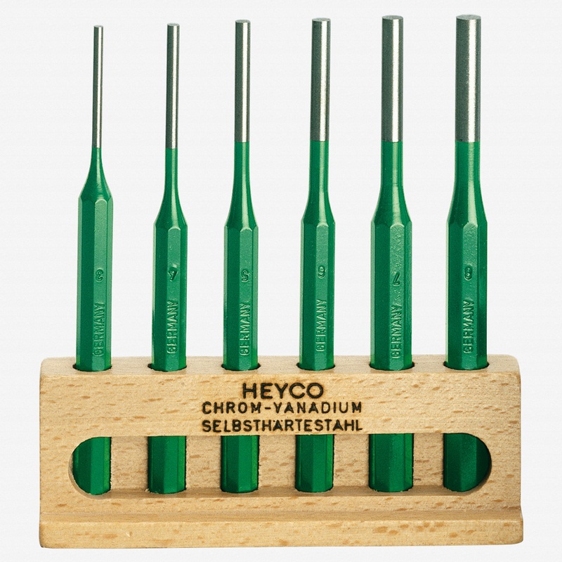 Heyco Parallel Pin Punch Set, 6 Pieces in Wood Stand