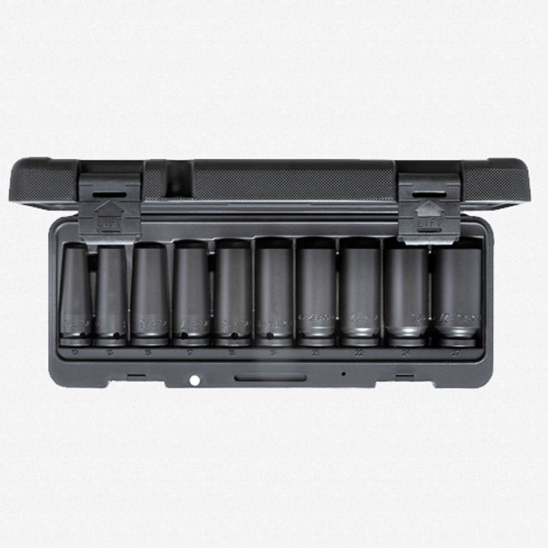 Gedore K19 L-010 Deep Well Impact Socket Set, 1/2" Drive, Metric, 10 - 27 mm, 10 Pieces