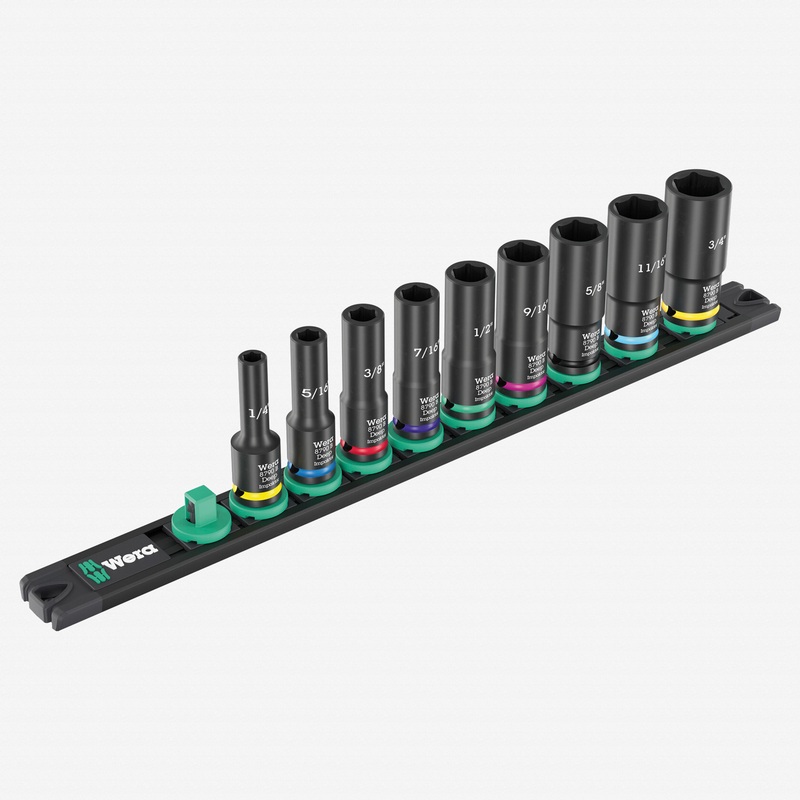 Wera 005591 Magnetic Rail B Impaktor Deep Imperial 1 Socket Set, 3/8" Drive, 9 Pieces, 1/4" - 3/4"