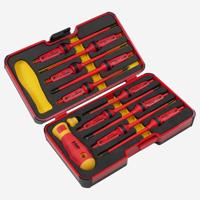 Felo E-Smart Slim 12-piece Set - Slotted, Phillips, Pozidriv, Torx Tip Insulated Blades with 2 Handles