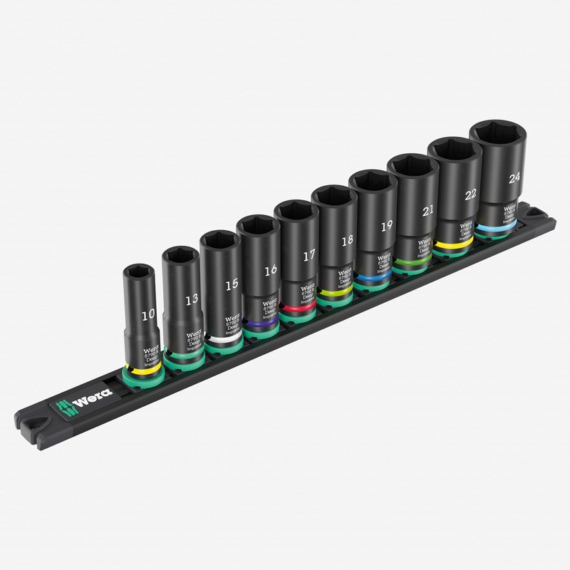 Wera 005590 Magnetic Rail B Impaktor Deep 1 Metric Socket Set, 3/8" Drive, 10 Pieces, 10 - 24 mm