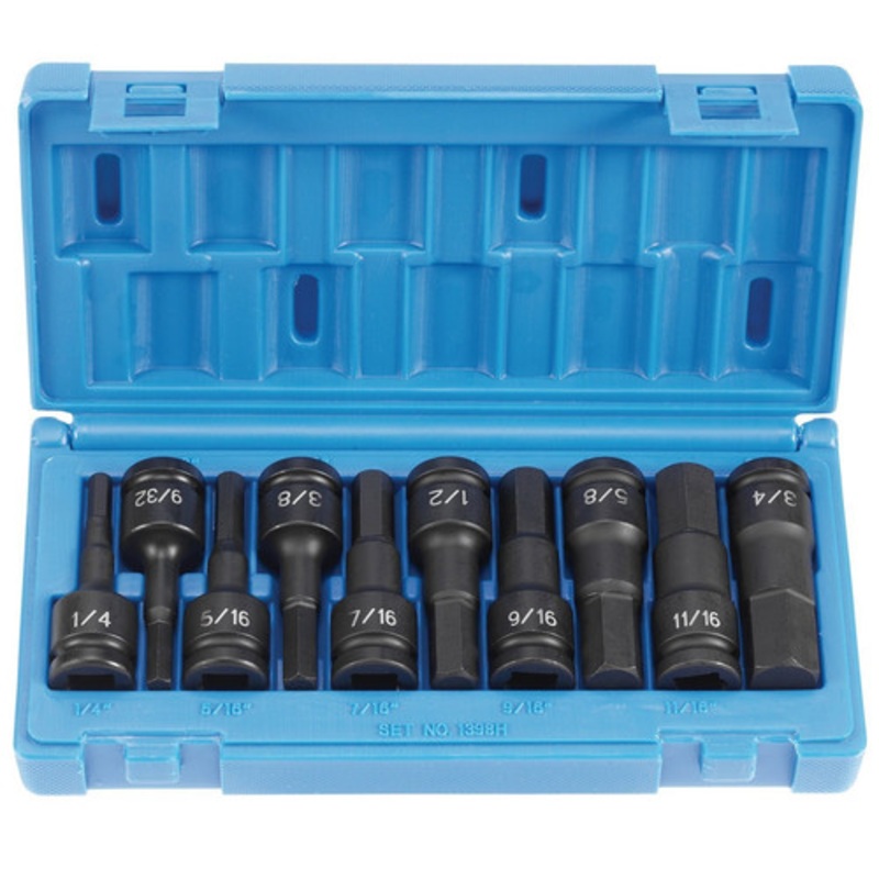 Grey Pneumatic 10-Piece 1/2 in. Drive SAE Hex Impact Driver Socket Set - 1398H