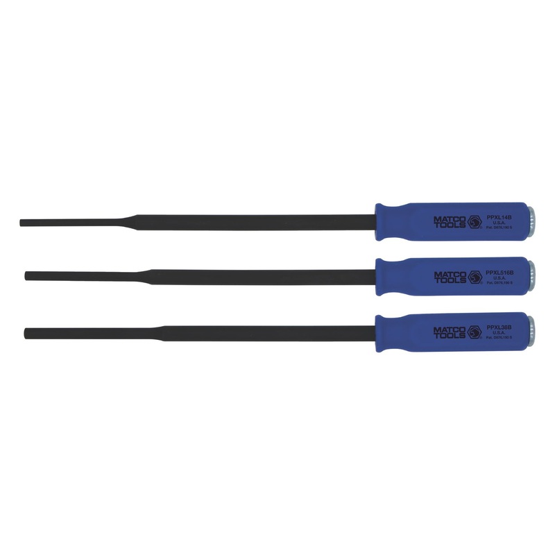 3 PIECE SET OF 16" PIN PUNCHES WITH BLUE PLASTIC HANDLE AND STRIKING CAP