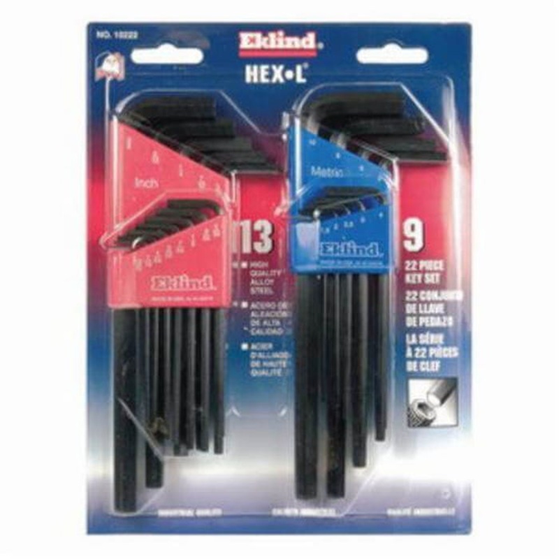 Eklind 10222 Hex-L Long Key Set, 22 pc, 0.05 to 0.375 in, 1.5 to 10 mm Hex, L-Handle, Alloy Steel, Black Oxide