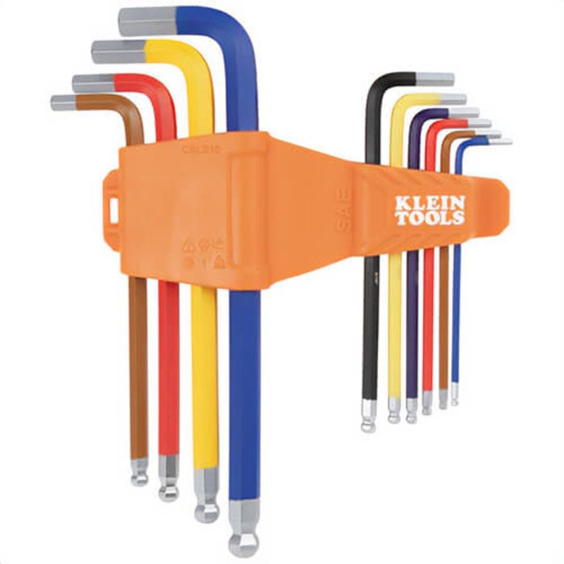 Klein CBLS10 Powder Coated Long Ball-End Hex Key Set, SAE, 0.67 in to 1.38 in Short Arm Length, Steel, Orange, 10 pc