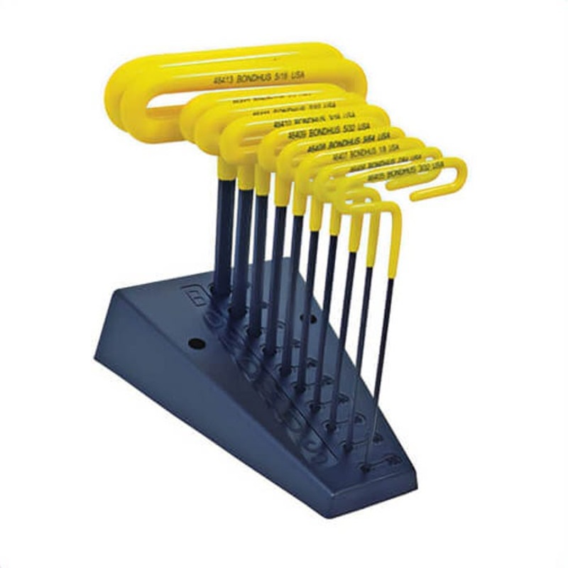 Bondhus 46490 Hex Key Set with Stand, 10 pc, 3/32 to 3/8 in Hex, Hex Drive, Cushion Grip/Loop T-Handle Handle, Protanium High Torque Steel, ProGuard