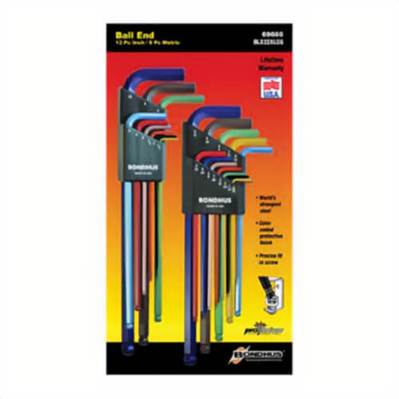 Bondhus 69600 Extra Long Key Set, 22 pc, 0.05 to 3/8 in, 1.5 to 10 mm Hex, L-Handle, Protanium High Torque Steel, ColorGuard