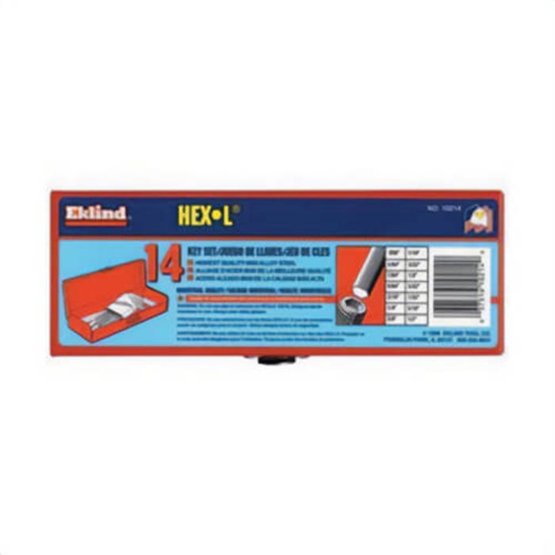 Eklind 10214 Hex-L Long Key Set with Metal Box, 14 pc, 0.05 to 0.5 in Hex, L-Handle Handle, ANSI B18.3, Alloy Steel, Black Oxide