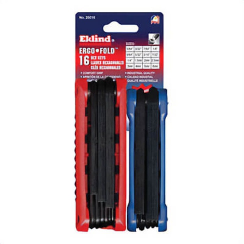 Eklind 25016 Ergo-Fold Short Key Set, 16 pc, 5/64 to 1/4 in, 1.5 to 6 mm Hex, Ergonomic Grip/Fold-Up Handle, ANSI B18.3, Alloy Steel, Black Oxide