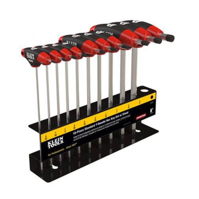 Klein Journeyman JTH910E Hex Key Set with Stand, 10 pcs, 3/32 to 3/8 in Hex, Soft Grip/T-Handle Handle, Steel