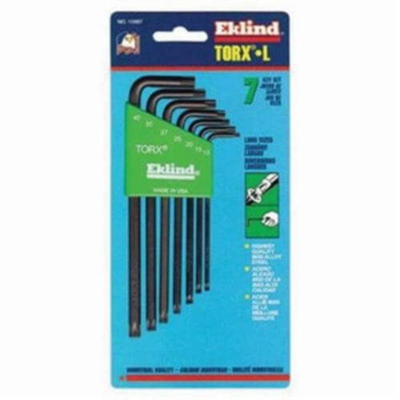 Eklind 10907 Long Key Set, 7 pc, T10 to T40 Torx, L-Handle, ANSI B18.3, Alloy Steel, Black Oxide