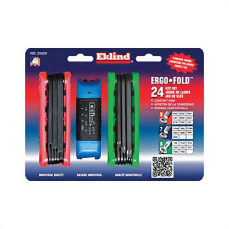 Eklind 25024 Ergo-Fold Short Key Set, 24 pc, 0.05 to 0.188 in, 1.5 to 6 mm Hex, T8 to T40 Torx, Ergonomic Grip/Fold-Up Handle