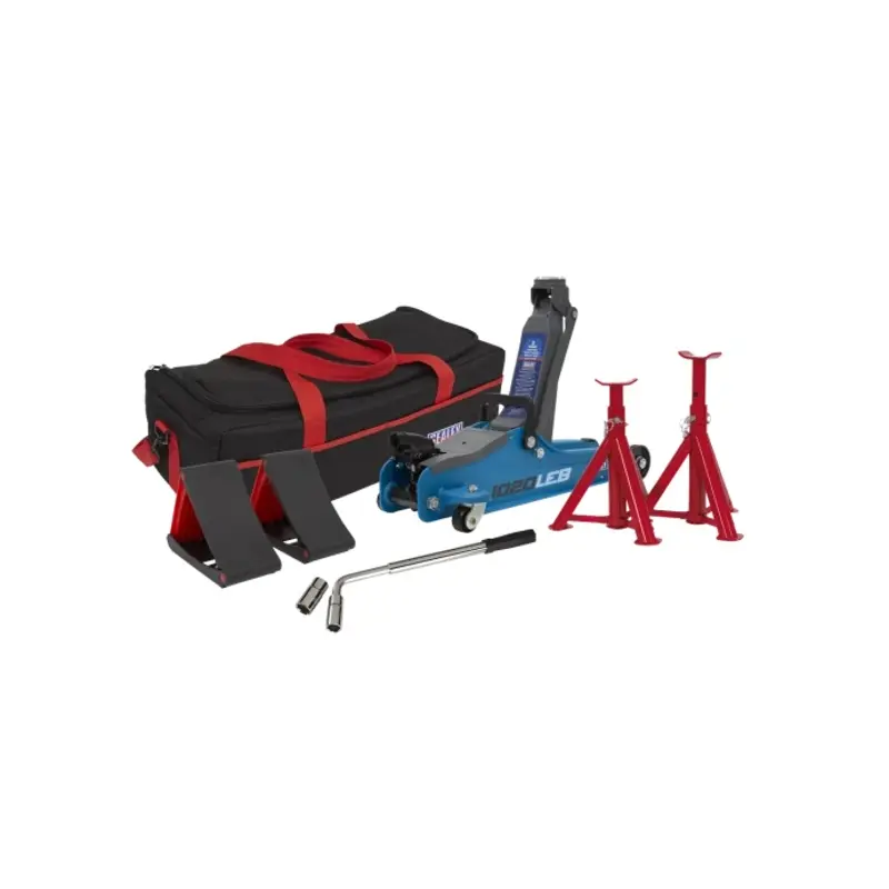 Sealey Trolley Jack 2 Tonne Low Entry Short Chassis & Accessories Bag Combo - Blue
