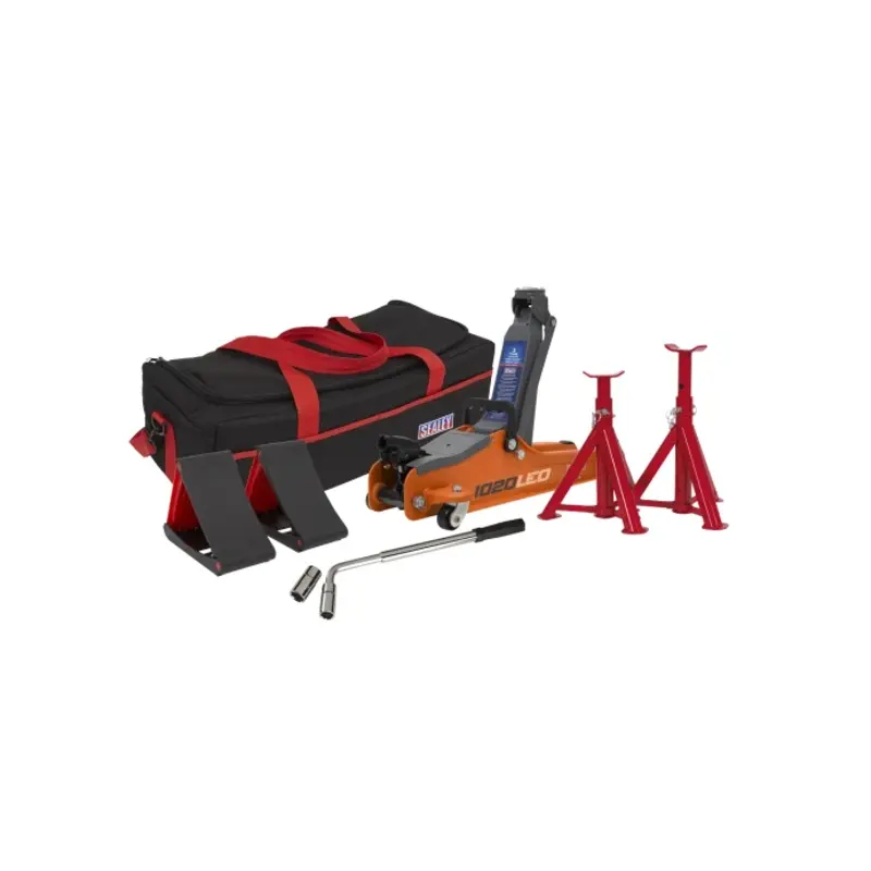 Sealey Trolley Jack 2 Tonne Low Entry Short Chassis & Accessories Bag Combo - Orange