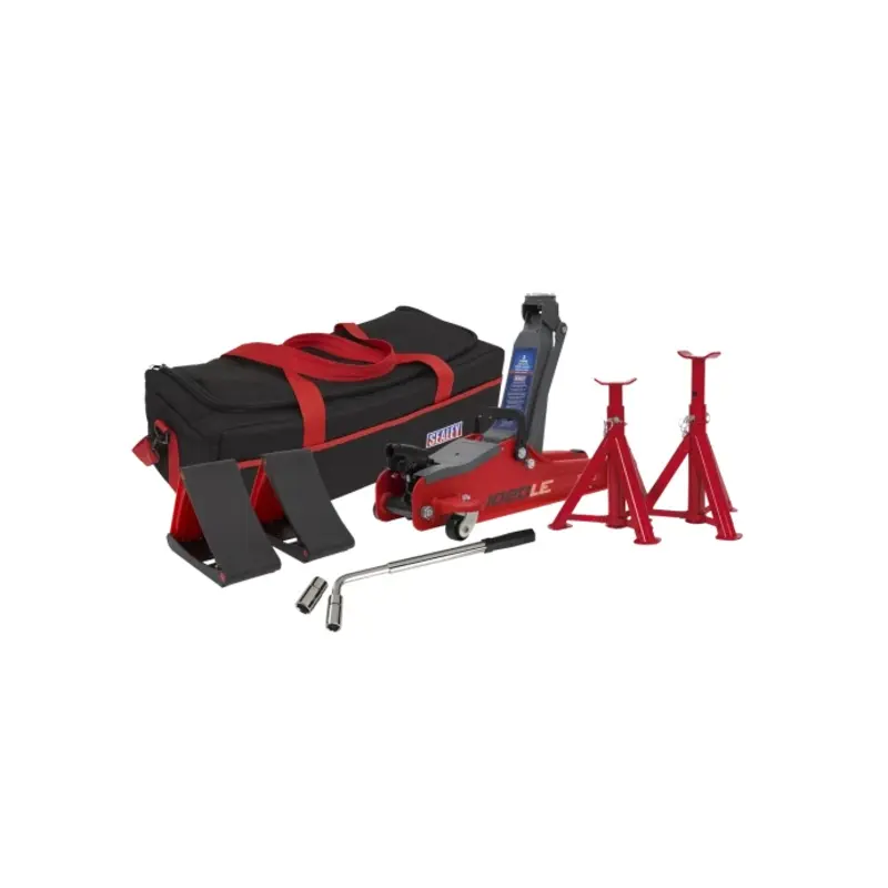 Sealey Trolley Jack 2 Tonne Low Entry Short Chassis & Accessories Bag Combo - Red