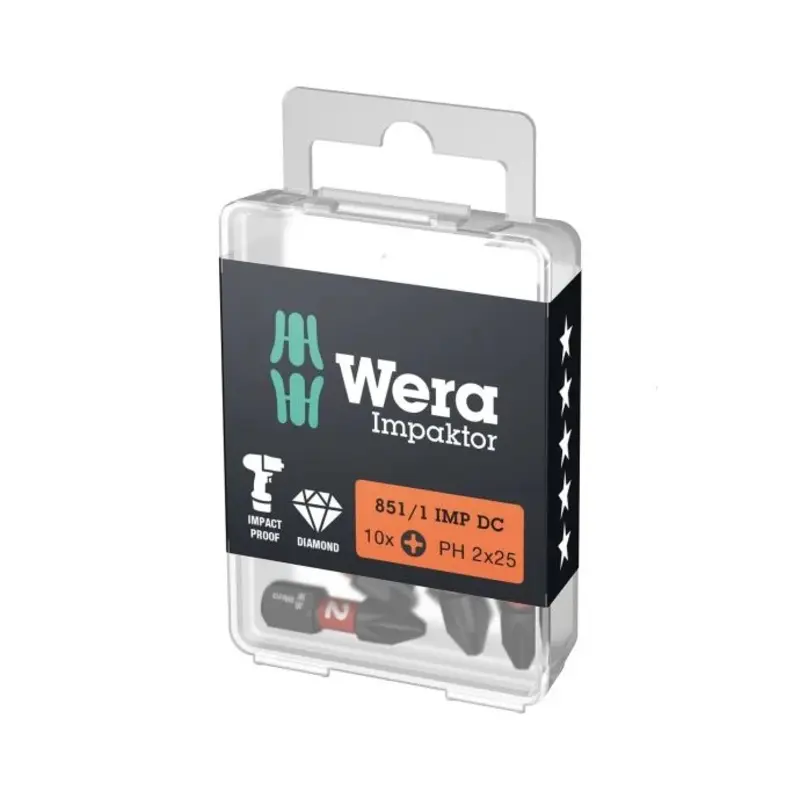 Wera 05057616001 851/1 25mm PH2 Impaktor Screwdriver Bits - Pack of 10