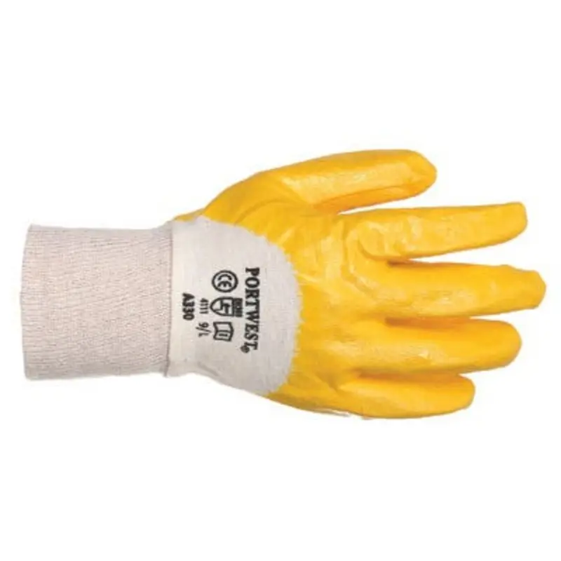 Portwest Size 8/M - Nitrile Knit Wrist 3/4 Coated Safety Gloves - Yellow