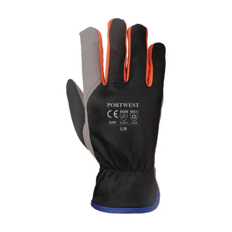 Portwest Size 10/XL - Polyester/Elastane Thermal Protection Gloves - Black/Orange
