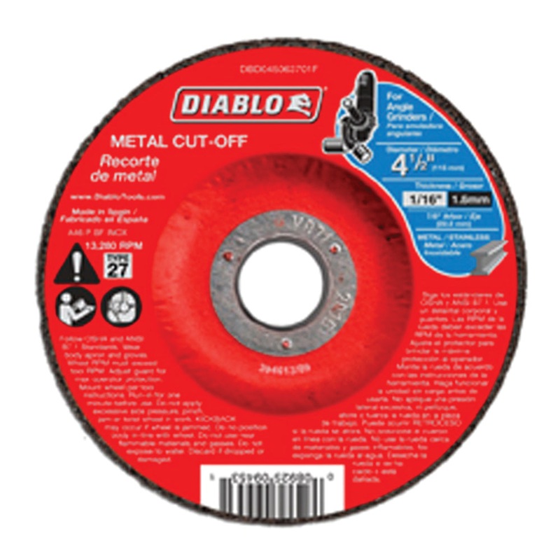 DIABLO DBD045063701F Cut-Off Disc, Type 27 Wheel, 4-1/2 in Dia, 1/16 in Thick, 7/8 in Arbor, Aluminum Oxide Abrasive
